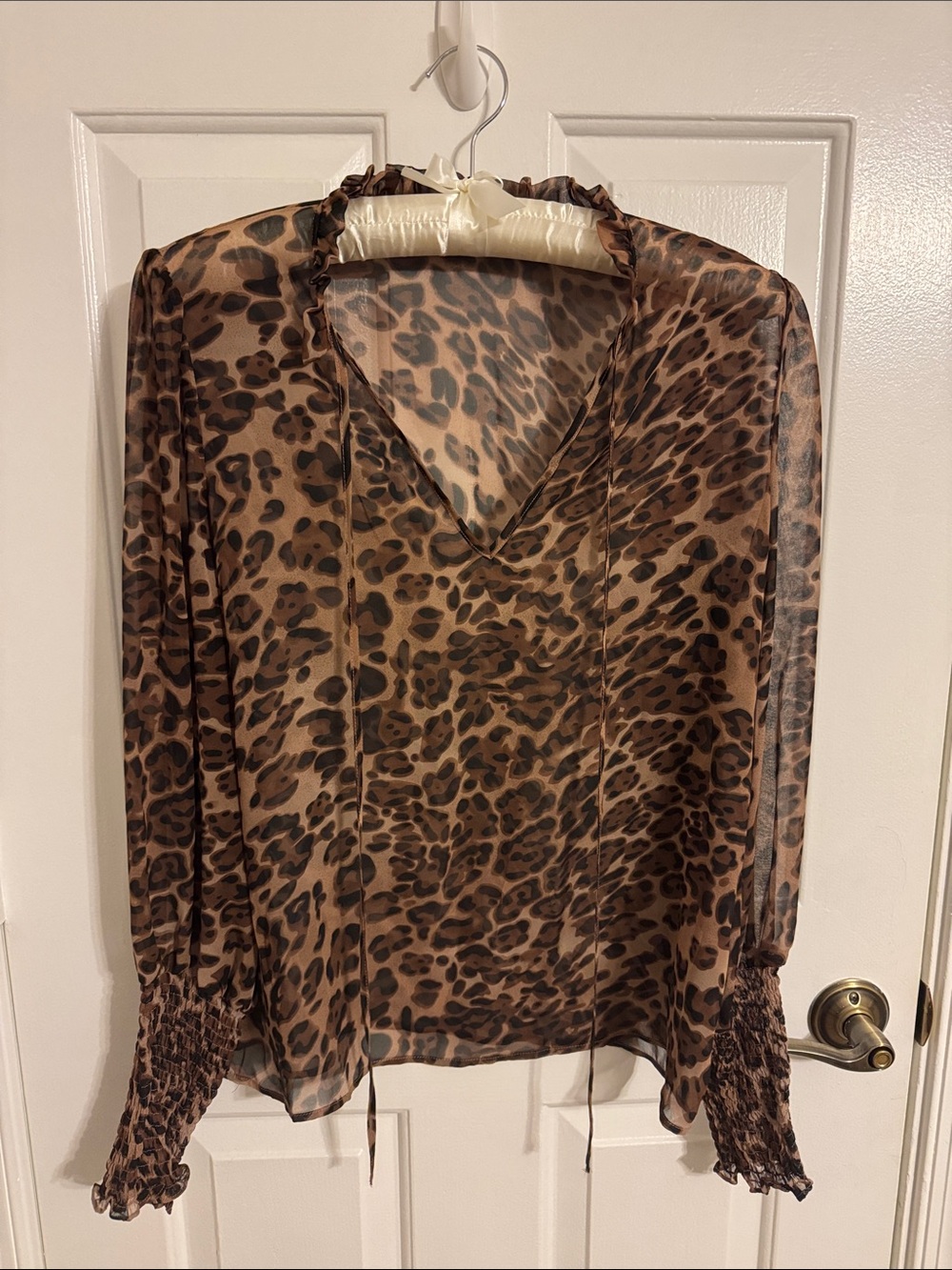 Sheer Leopard-Print V-Neck Blouse in Brown